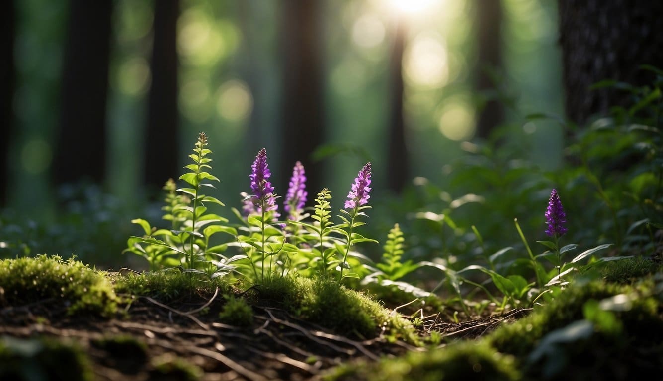 Die leuchtend grünen Gundermann-Pflanzen wiegen sich im Wind und werfen schattige Schatten auf den Waldboden. Das Sonnenlicht dringt durch das dichte Blätterdach und beleuchtet die zarten Blätter und winzigen violetten Blüten