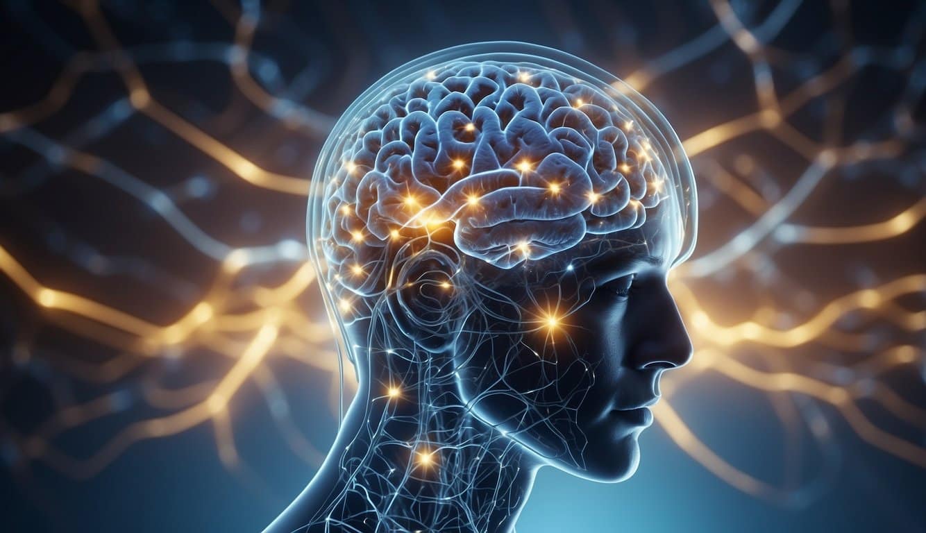 Ein Gehirn, umgeben von wirbelnden, ineinander verschlungenen Neuronen, die Energie- und Lichtwellen aussenden und die psychologische und neurologische Wirkung von Triphala symbolisieren