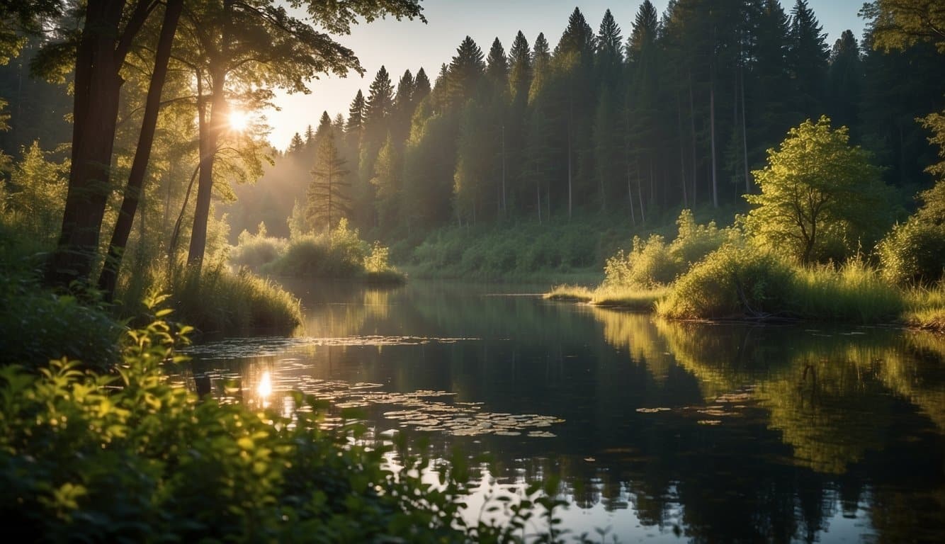 Die Szene zeigt eine heitere Umgebung mit einer ruhigen Atmosphäre, möglicherweise mit Elementen aus der Natur, wie einem friedlichen Wald oder einem ruhigen Gewässer