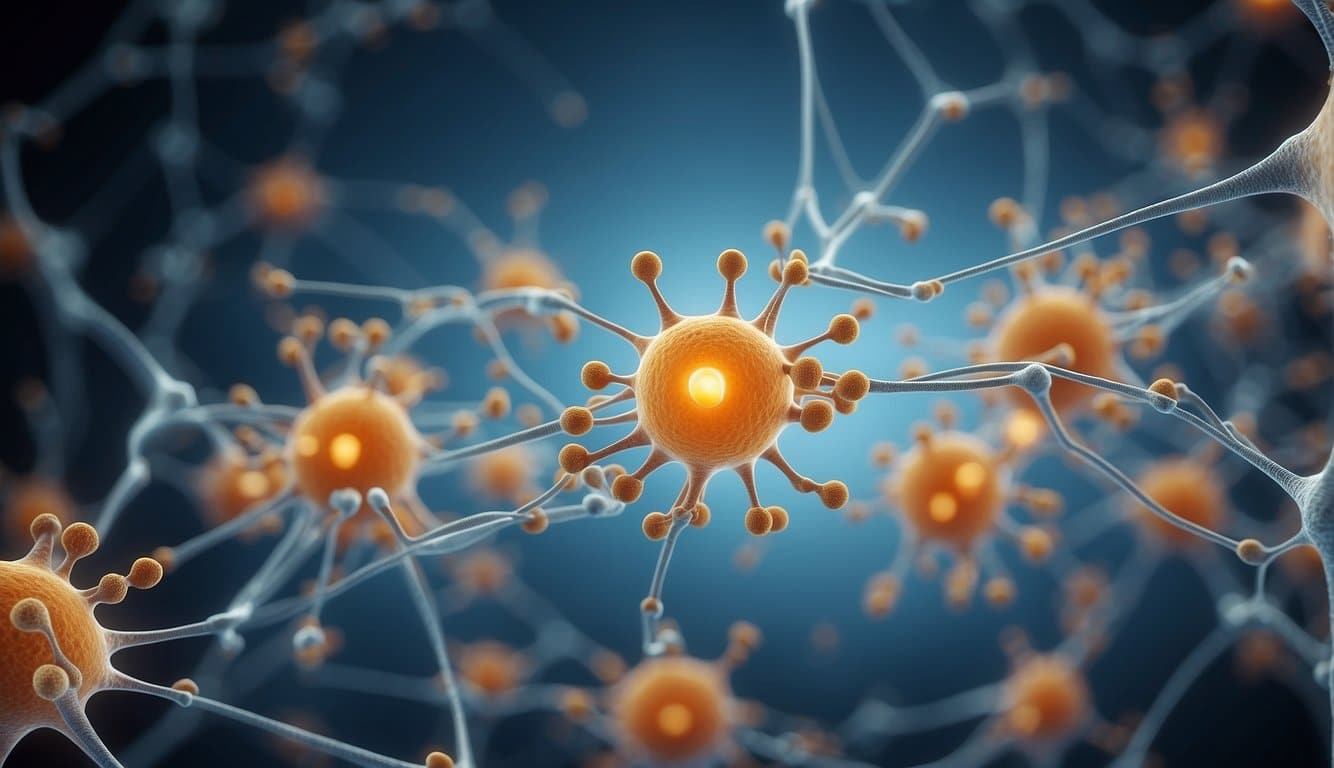 Ein heiteres, abstraktes Bild von Argininmolekülen, die mit Gehirnzellen interagieren, um seine Bedeutung für die geistige Gesundheit und die Neurotransmission zu verdeutlichen