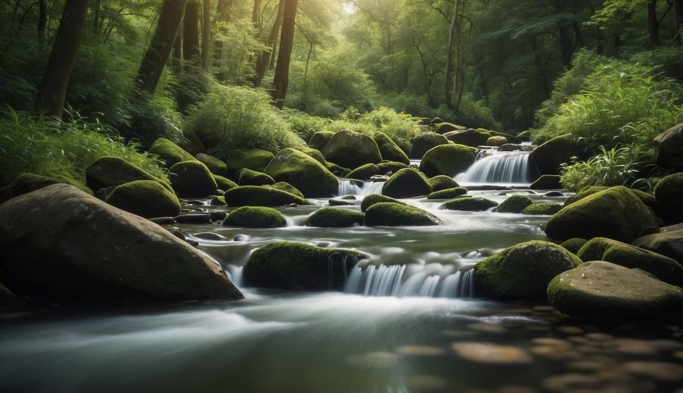 Eine ruhige, friedliche Umgebung mit fließendem Wasser und üppigem Grün, die Gefühle von Ruhe und Gelassenheit hervorruft